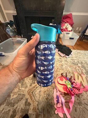 Kids Insulated Stainless Steel Water Bottle Blue Fish Pattern Flip Straw Lid